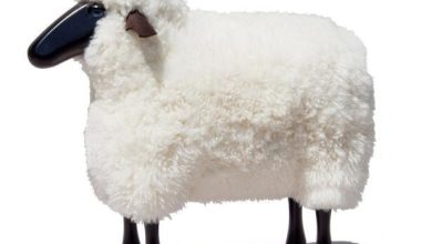 Small Sheep Stool with White Fur and Black Wood