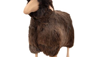 Large Sheep Stool in Brown Grey Fur and Beech Wood