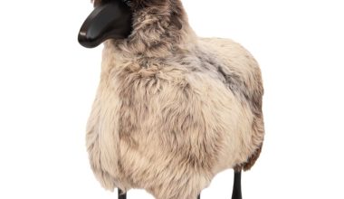 Large Sheep Stool in Grey Brown fur and Black Wood