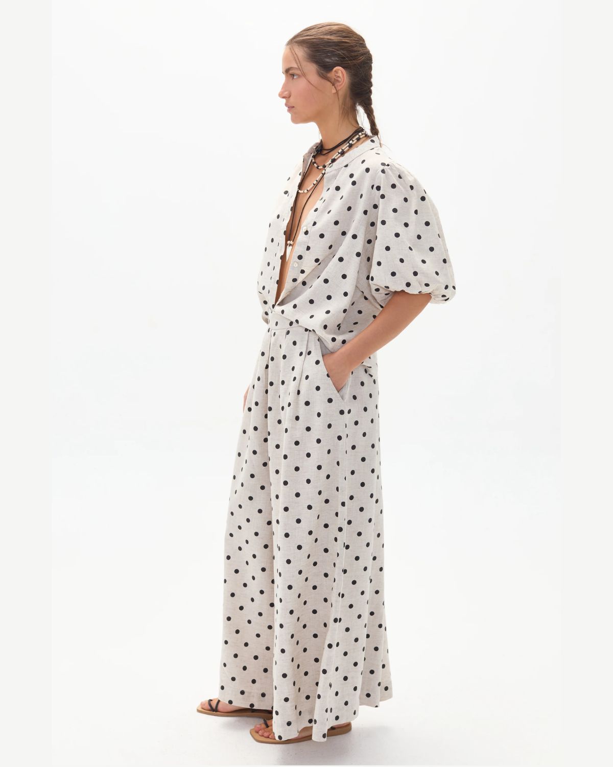 Sabi Linen Pants in Natural & Black Polka Dots, from Lanhtropy - Image 2