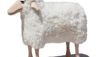 Small Sheep Stool with White Fur and Beech Wood
