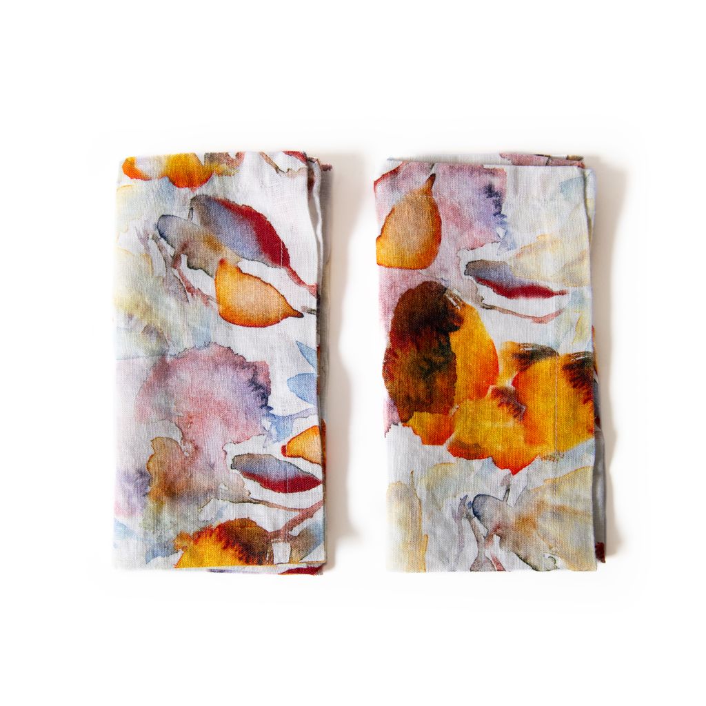 Orange Flow on White Linen Napkins Set of 2 in 20 x 20, from Linen Tales